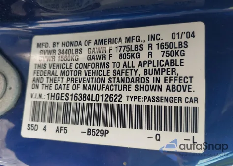 2004 Honda Civic Vp из США, поврежденный, VIN 1HGES16384L012622